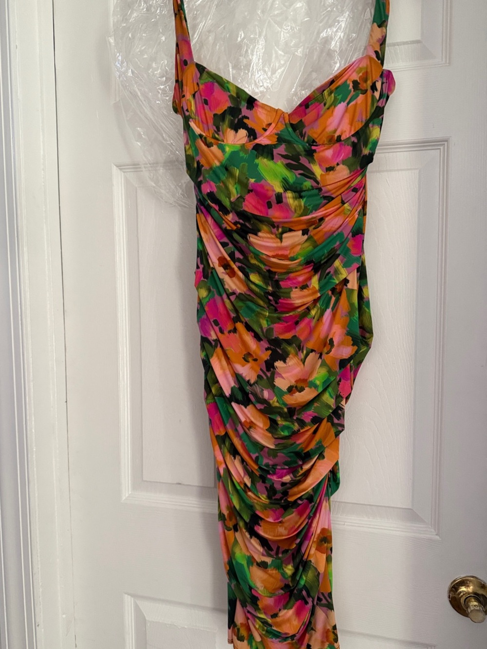 naked wardrobe Floral Ruched Midi Dress in Pink, Green & Orange - Picture 6 of 9